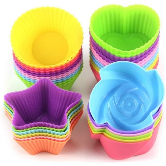 Letgo Shop Silicone Cupcake Liners Reusable Baking Cups Nonstick Easy Clean Pastry Muffin Molds 4 Shapes Round, Stars, Heart, Flowers, 24 Pieces Colorful