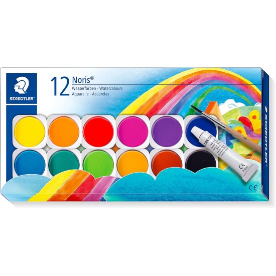 STAEDTLER 888 NC12 Noris Watercolour Paints - 12 Assorted Colours (Pack of 1 with Paint Brush & Opaque Paint) 