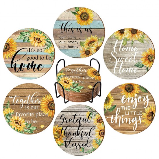 6 PC VINTAGE SUNFLOWER DRINK COASTERS WITH HOLDER