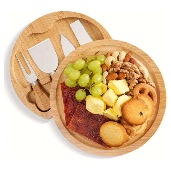 Bamboo Cheese Board and Knife Set Round Charcuterie Board Set with 4 Knives