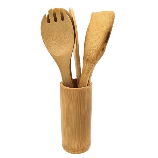 5 Piece Bamboo Utensils With Cup Holder 