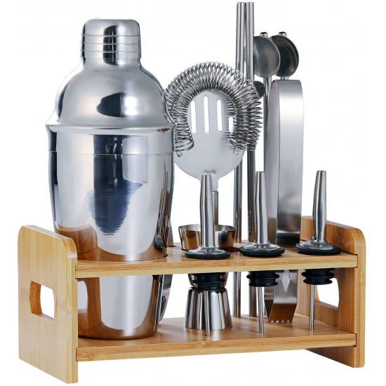 BARTENDER KIT - 13 PIECE COCKTAILER SHAKER SET WITH BAMBOO STAND 
