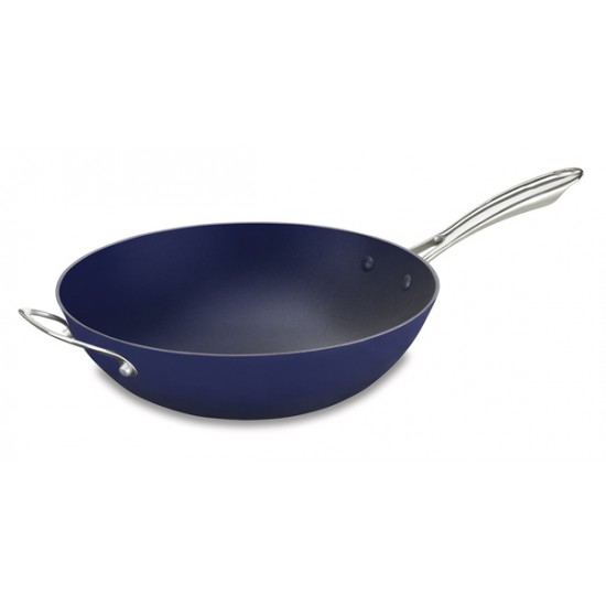 CastLite Non-Stick Cast Iron Open Stir Fry Pan with Helper, 5-Quart, Blue on Blue