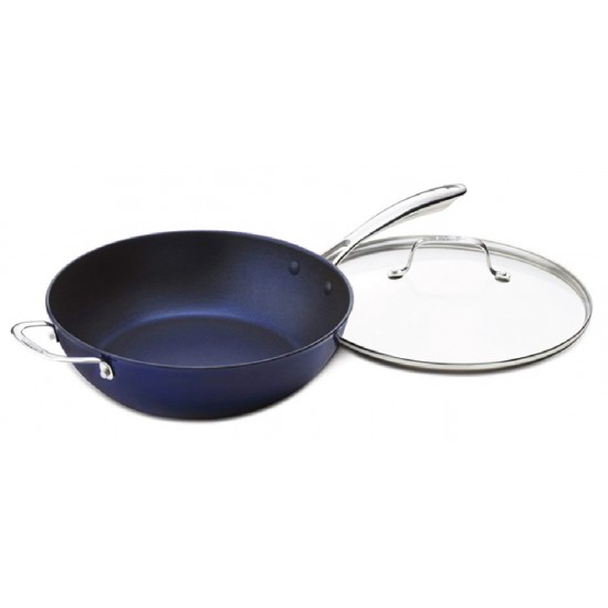 CastLite Non-Stick Cast Iron Chef's Pan with helper and Cover, 4.5-Quart, Blue on Blue